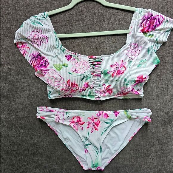 TiniBikini White & Pink Tropical Ruffle Off-Shoulder Ribbed Bikini Top & Bottoms - Picture 16 of 16